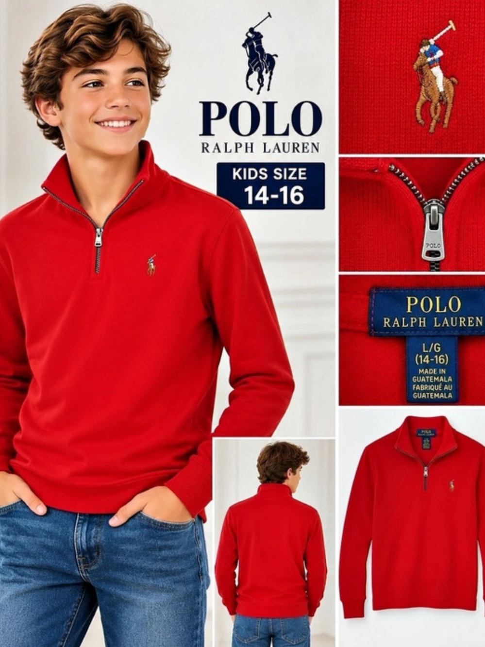 Polo Ralph Lauren Boys Cotton Quarter-Zip Pullover Red Large